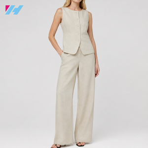 Completo <span class=keywords><strong>Donna</strong></span> in <span class=keywords><strong>Lino</strong></span>: Gilet Senza Maniche con Bottoni e Pantaloni a Gamba Larga, Outfit Due Pezzi Personalizzabile - Product Image 1