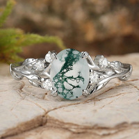 Bague en argent pur 925 plaqué or 14 carats avec pierre semi-précieuse naturelle, agate mousse ovale 6*8mm, motif feuille