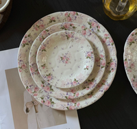Vintage Pembe Gül Çiçek Desenli Seramik Yemek Takımı Şık Porselen Tabak Fincan Tabağı Düğün Restoran Toptan Satış