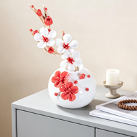 Vase en porcelaine blanche DREA avec motif de fleurs de prunier rouge, décoration de table, style zen asiatique, vase en céramique émaillée