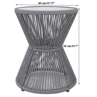 Table d'appoint ronde moderne en corde tressée pour l'extérieur avec plateau en verre trempé, table basse de patio imperméable pour jardin et balcon