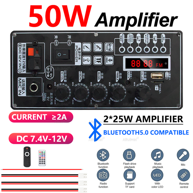 For 5.0 Amplifier Audio Decoder Board 50W Peak MP3 USB TF FM Line Remote Control Recording Call Support Screen DC7.4V-12V