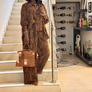 非洲女式斑马纹长袖翻领衬衫复古阔腿裤 2 件套宽松套装 Sehe Fashion - Product Image 2