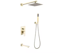 Ensemble de douche mural de luxe en laiton brossé à quatre fonctions avec affichage numérique, mitigeur à poignée unique et pommeau de douche rectangulaire à jet pluie