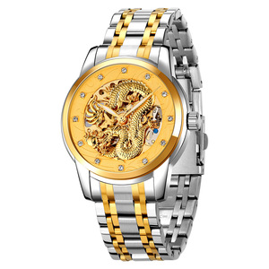 Relief gold <b>dragon</b> transparent mechanical watch with diamond-studded steel strap, water-resistant, for business men's wrists - Product Image 5