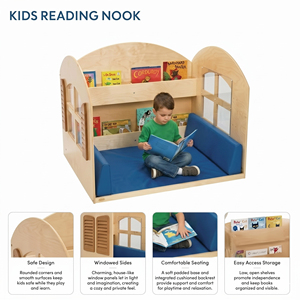 Diseño de <span class=keywords><strong>biblioteca</strong></span> de guardería Montessori, rincón de lectura de aula de jardín de infantes con sofá, estantería preescolar, sala de lectura de cuidado infantil - Product Image 3