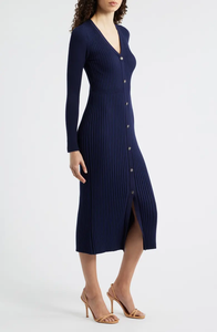 Vestito midi in <span class=keywords><strong>maglia</strong></span> a costine <span class=keywords><strong>blu</strong></span> navy con scollo a V e bottoni, da donna, a maniche lunghe, aderente, modello maglione - Vendita calda - Product Image 4