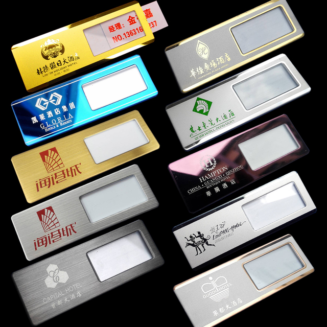 Custom Metal Reusable Name Badge Insert Card Silk Screen Printing Carved Laser Engraved Logo Electroplated Advertising-JINFUJIA