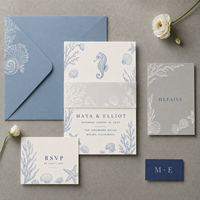 Ensemble d'invitations de mariage sur le thème nautique, motif coquillages et étoiles de mer en ligne artística bleue, papeterie de mariage personnalisée sur le thème côtier et océanique