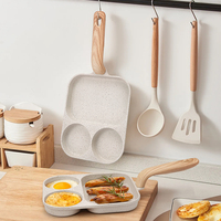 Poêle à frire antiadhésive 3-en-1 en aluminium épaissi avec poignée en bois sécurisée anti-brûlure pour le petit-déjeuner
