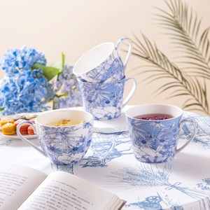 Ensemble de 4 tasses à café en porcelaine fine motif chat bleu et blanc - Cadeau idéal en forme de pétale pastoral - Product Image 5