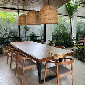 <b>Industrial</b> Design Live Edge Suar Wood Dining <b>Table</b> Set Solid Acacia Walnut Slab Top With Black Powder Coated Metal Iron <b>Legs</b> - Product Image 1