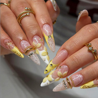 Faux Ongles de Luxe à Coller Stiletto Dorés Dentelle Florale Faits Main Réutilisables Cadeau pour Femme Vente en Gros Dropshipping