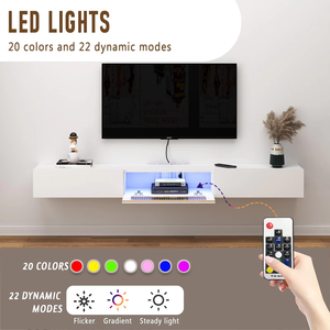 Soporte de <span class=keywords><strong>TV</strong></span> flotante con luces <span class=keywords><strong>LED</strong></span> Mueble de <span class=keywords><strong>TV</strong></span> montado en la pared de 71 ''con puerta de vidrio Centro de consola multimedia Estante de almacenamiento grande - Product Image 5