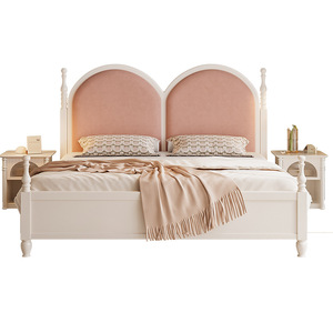 Lit en bois massif de style français, crème, 1,5 m, simple, blanc, pour chambre de fille, 1,8 m, rose, capitonné, lit de princesse - Product Image 4