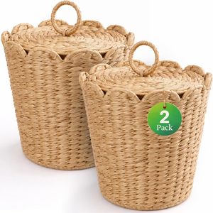 Cesta de Almacenamiento de Mimbre con Tapa Redonda Beige, Paquete de 2, Contenedor para Organización del Hogar - Product Image 1