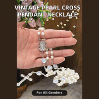 À la mode Vintage verre perle croix catholique religieux chapelet perlé Crucifix pendentif collier diamant pierre chrétien cadeau