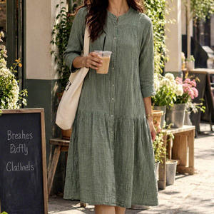 Sage Green <b>Linen</b> <b>Maxi</b> <b>Dress</b> Crew Neck Three Quarter Sleeves For Women Featuring Lightweight Fabric Modern Style Comfortable Fit - Product Image 1