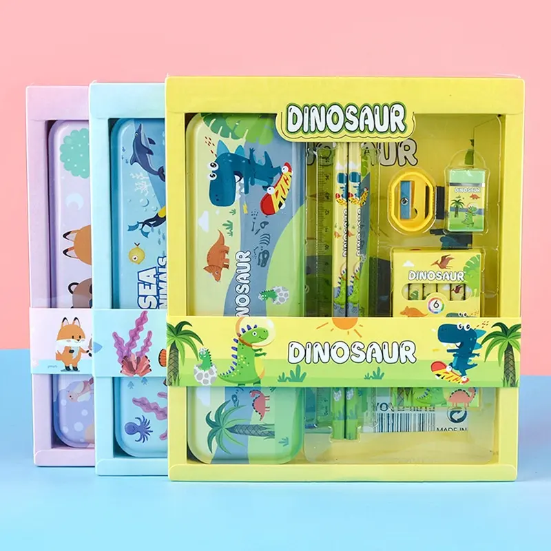 School Items Colorful Stationery Sets Wholesale Wood Pencil Ruler Eraser Pencil Sharpener Crayons Pencil case Set Students Gift