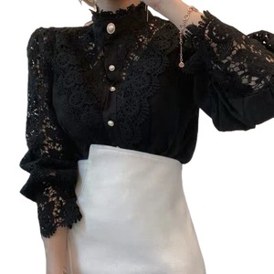 Camisa de Encaje para Mujer Fitspi, Color Sólido, Cuello Alto, Manga Larga, Blusa Elegante, Dulce y Casual, para Todas las Temporadas, Venta al Por Mayor - Product Image 3