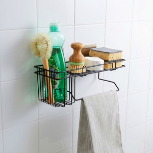Porte-serviettes mural en métal avec étagère de rangement, design minimaliste noir pour salle de bain, support fixe pour serviettes de bain - Product Image 1