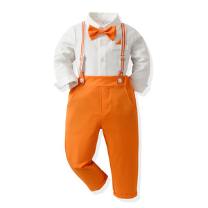 Tenue formelle deux pièces pour le 1er anniversaire d'un bébé garçon : chemise blanche à manches longues, pantalon à bretelles orange, nœud papillon - Product Image 6