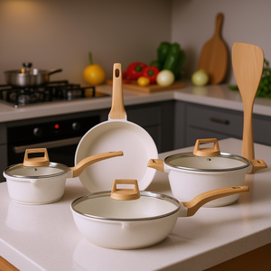 Juego de Utensilios de Cocina Antiadherentes de Granito Blanco, 5 Piezas, Compatible con Inducción, Revestimiento Cerámico, Apto para Lavavajillas, con Tapas de Vidrio - Product Image 2