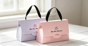 Handheld macaron gift <b>box</b> made of thickened <b>white</b> cardboard with fabric ribbon handles formed by color printing die cutting - Product Image 2