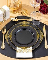350 pièces de vaisselle en plastique noir pour 50 invités, 150 couverts dorés et argentés, 50 gobelets et serviettes, design moderne, sans BPA, pour la rentrée scolaire