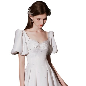 French Style Wedding Dress A-Line Square Neck Beaded Chiffon White Long Dress For Bride Engagement - Product Image 5