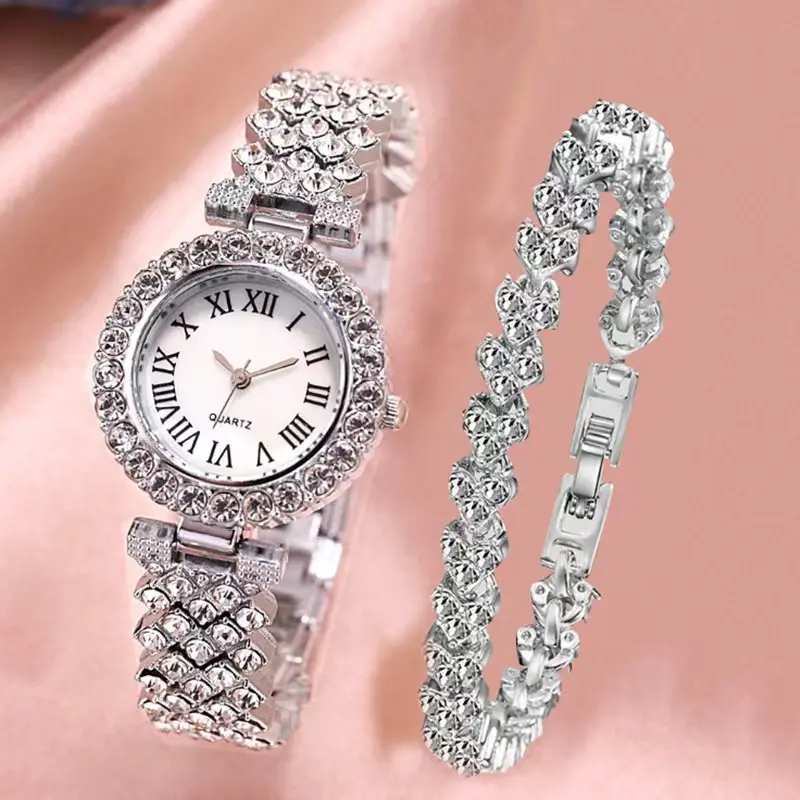 2024 Neuankömmling Luxus Full Diamond Damen uhren Roségold Diamant Armreifen Quarzuhr Set für Damen