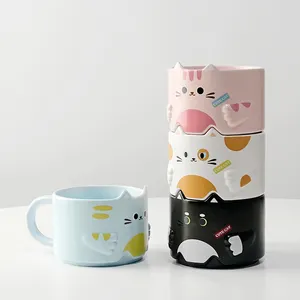 Logotipo personalizado Criativo Eco-Friendly Impresso Gato Caneca Conjunto Food Grade Bonito Porcelana Empilhável Gato Orelhas Cerâmica Caneca De Café