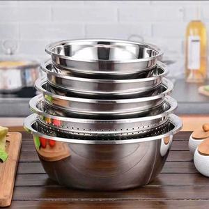 Stainless Steel Bowl Set 5 Piece Multifunction Kitchen Mixing Dough Kneading Vegetable Washing Draining <b>Colander</b> <b>Strainer</b> - Product Image 1