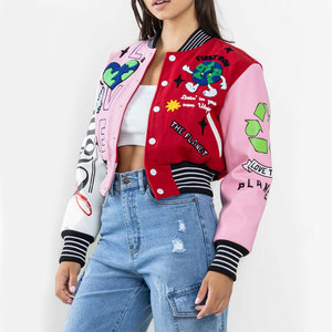 High Quality Printed Front Women's Varsity <b>Jacket</b> Long Sleeve Canvas Fabric Breathable Quick Dry <b>Lightweight</b> Winter Stand Collar - Product Image 3