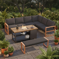 Ensemble de meubles d'extérieur 4 pièces Grand Patio avec table foyer au gaz, finition imitation bois en aluminium, design moderne, résistant aux UV, PE