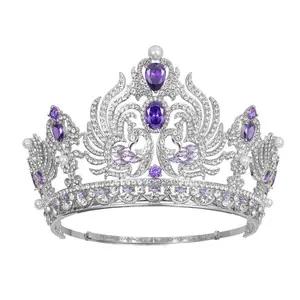 Qushine tiara ajustável para noiva, cristal de coroa strass beleza concurso superior roxo farol
