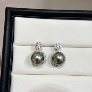 Venta al por mayor de fábrica: Pendientes de perlas tahitianas de alta calidad, 9-10 mm, verde intenso con tono, perlas de agua de mar, joyería de plata para mujer - Product Image 2