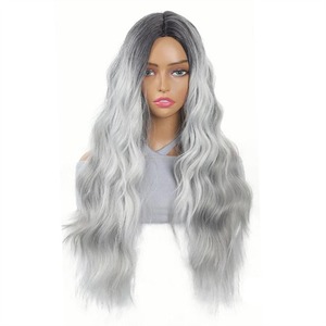 Châ<span class=keywords><strong>u</strong></span> Â<span class=keywords><strong>u</strong></span> và Mỹ tóc giả cho phụ nữ, trung chia tay <span class=keywords><strong>bangs</strong></span>, đen Gradient mà<span class=keywords><strong>u</strong></span> xám dài tóc xoăn, sợi hóa học Head Cover - Product Image 4