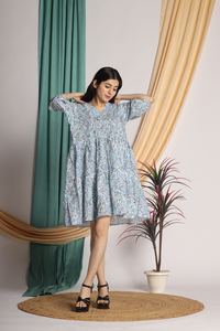 Élégant été dames 100% coton robe à manches longues à volants à plusieurs niveaux motif floral tailles 6XL naturel Sexy bouton décontracté - Product Image 4