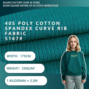 ผ้าถักลายริบโค้งผสมโพลีเอสเตอร์คอตตอน 40S กว้าง 175 ซม. หนัก 250 แกรม ยืดหยุ่นเล็กน้อย เหมาะสำหรับเสื้อเบสิก เสื้อยืด และเสื้อผ้าลำลอง - Product Image 1