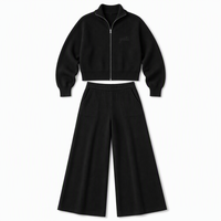 Ensemble deux pièces tricoté pour femme avec logo personnalisé OEM : Cardigan zippé en maille douce et pantalon large – Collection Automne Hiver