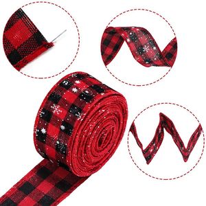 DIY kabel pita Natal cetakan kepingan salju merah hitam pita kotak-kotak untuk karangan bunga busur dekorasi Natal - Product Image 2