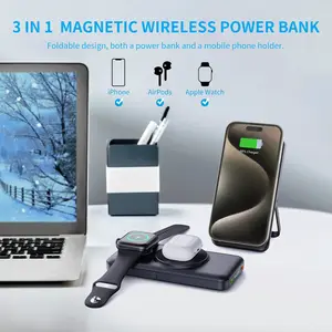 4 In I KC CE ROHS 10000mah Portable Wireless Magnetic Fast Charging Power Bank With Cables Stand For Phone Watch Earphone