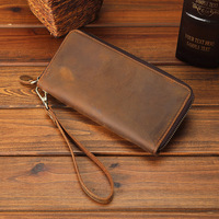Dompet panjang pria portabel, dompet kulit sapi asli, kuda gila dengan penutup ritsleting 100%