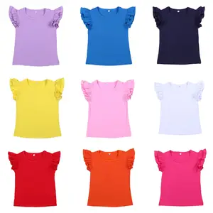 100% Katoenen Baby Kleding Shirts Effen Kleur Ruche Flutter Korte Mouwen Tops Voor Kids T-shirts