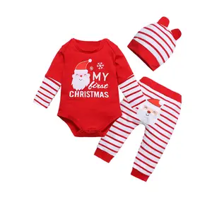 0-3岁婴儿圣诞套装长袖刺绣字母连衫裤带条纹圣诞老人裤子和帽子婴儿服装