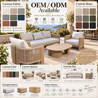 Ensemble de canapés de patio modernes en corde tressée avec table basse ovale en teck, mobilier de salon d'extérieur