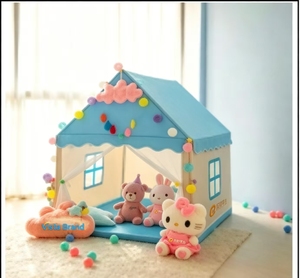 Tente de jeu pour enfants rose et bleue avec décorations pompons colorés en tissu pongé 118x103x130CM, maisonnette pliable pour la sieste et les jeux dans la <span class=keywords><strong>chambre</strong></span> - Product Image 6