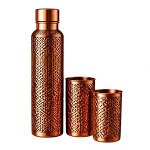 Vintage Copper Water Bottle and <b>2</b> <b>Cups</b> Set 3 Piece Carved Leaf Pattern Portable <b>Flask</b> with Lid - Product Image 1