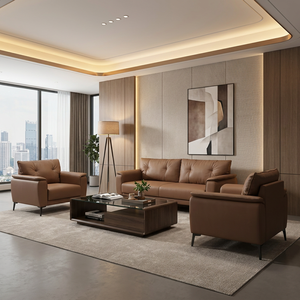 Set di Divani da Ufficio in Pelle Marrone Moderna, Arredamento per Reception Esecutiva con Gambe in Metallo per Aree d'Attesa Aziendali - Product Image 2